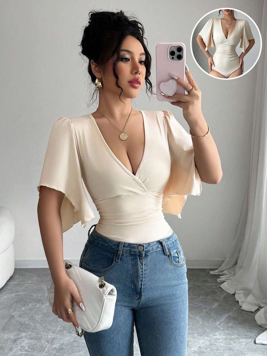 Elenzga Nuevos bodys elegantes para mujer con escote en V, cintura fruncida y mangas de volantes, que resultan favorecedores y encantadores - Albaricoque - Ver 1