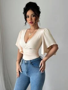 Elenzga Nuevos bodys elegantes para mujer con escote en V, cintura fruncida y mangas de volantes, que resultan favorecedores y encantadores - Albaricoque - Ver 7