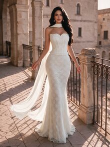 Coutiva Women's Faux Pearl Decorated Lace Strapless Mermaid Formal Evening Gown - Apricot - View 6