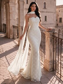 Coutiva Women's Faux Pearl Decorated Lace Strapless Mermaid Formal Evening Gown - Apricot - View 11