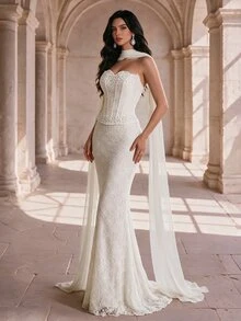 Coutiva Women's Faux Pearl Decorated Lace Strapless Mermaid Formal Evening Gown - Apricot - View 3