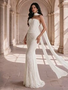 Coutiva Women's Faux Pearl Decorated Lace Strapless Mermaid Formal Evening Gown - Apricot - View 10