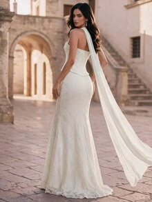 Coutiva Women's Faux Pearl Decorated Lace Strapless Mermaid Formal Evening Gown - Apricot - View 12