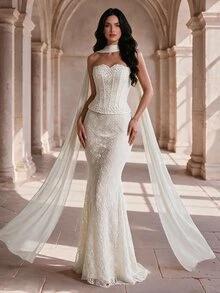 Coutiva Women's Faux Pearl Decorated Lace Strapless Mermaid Formal Evening Gown - Apricot - View 8