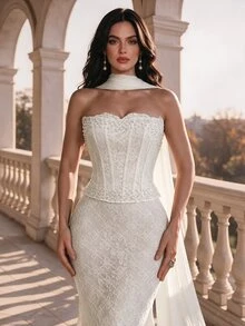Coutiva Women's Faux Pearl Decorated Lace Strapless Mermaid Formal Evening Gown - Apricot - View 5