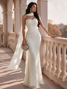 Coutiva Women's Faux Pearl Decorated Lace Strapless Mermaid Formal Evening Gown - Apricot - View 2