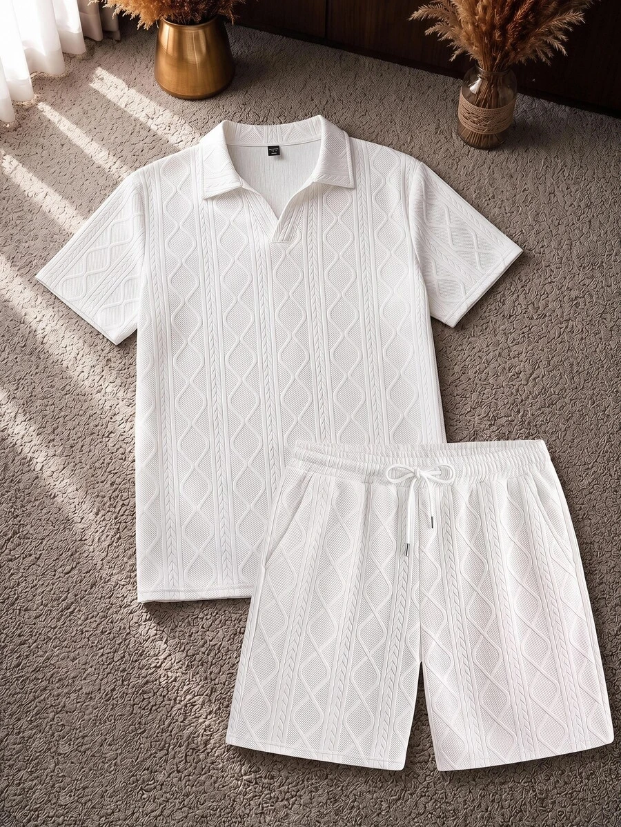 Manfinity RebelGame Men's Solid Color Short Sleeve Polo Shirt And Drawstring Waist Shorts Set, Holiday, Vacation