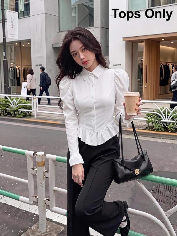 SHEIN MOD 喇叭袖荷叶边下摆泡泡袖白色收腰衬衫、长袖上衣