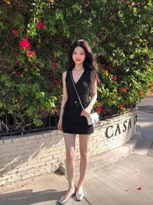 SHEIN MOD 夏季實色交叉綁帶黑色側邊帶細肩背心 - 黑色 - 查看 2