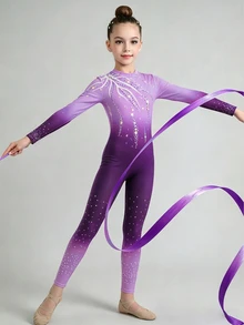 Tween Girls' Gymnastics Leotard,Rhythmic Gymnastics Unitard,Dark Purple,Autumn Winter,Athletic,Dancewear,High Stretch Printed Rhinestone Tie-Dye, Soft - Multicolor - View 3