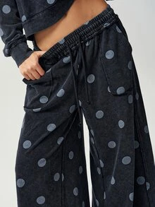 Bohemela Summer/Fall | Women's Casual Boho Vintage Black Knit Loose Wide-Leg Pants | Retro Polka Dot | Casual Commuting, Country Style - Black - View 1