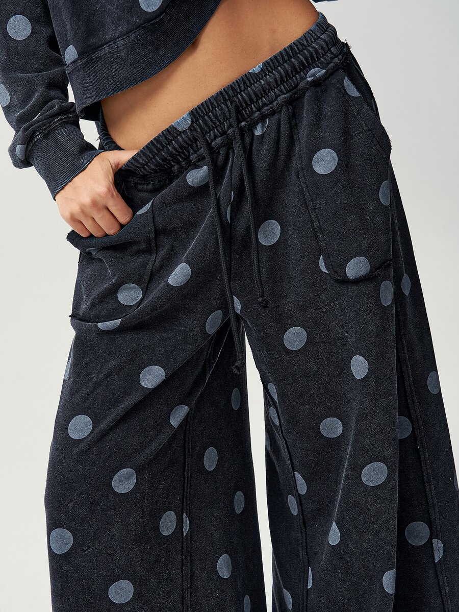 Bohemela Summer/Fall | Women's Casual Boho Vintage Black Knit Loose Wide-Leg Pants | Retro Polka Dot | Casual Commuting, Country Style - Black - View 1