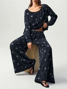 Bohemela Summer/Fall | Women's Casual Boho Vintage Black Knit Loose Wide-Leg Pants | Retro Polka Dot | Casual Commuting, Country Style - Black - View 6