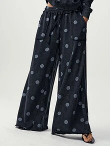 Bohemela Summer/Fall | Women's Casual Boho Vintage Black Knit Loose Wide-Leg Pants | Retro Polka Dot | Casual Commuting, Country Style - Black - View 4