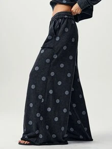 Bohemela Summer/Fall | Women's Casual Boho Vintage Black Knit Loose Wide-Leg Pants | Retro Polka Dot | Casual Commuting, Country Style - Black - View 5