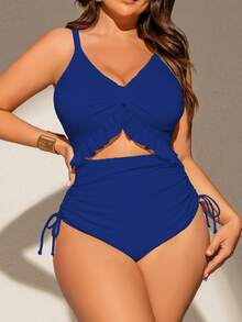 SHEIN Swim Curve 加大码女式连体泳衣，采用独特面料，深 V 领，可调节肩带，可拆卸胸垫，荷叶边下摆，抽绳腰带，时尚性感休闲海滩度假泳装 - 藍色 - 查看 2