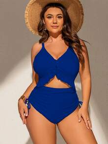 SHEIN Swim Curve 加大码女式连体泳衣，采用独特面料，深 V 领，可调节肩带，可拆卸胸垫，荷叶边下摆，抽绳腰带，时尚性感休闲海滩度假泳装 - 藍色 - 查看 6