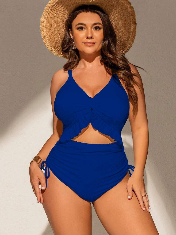SHEIN Swim Curve Đồ bơi một mảnh cỡ lớn cho nữ với chất liệu vải độc đáo, cổ chữ V sâu, dây đeo có thể điều chỉnh, đệm ngực có thể tháo rời, viền nhún bèo, dây rút ở eo, đồ bơi đi biển giản dị thời trang và gợi cảm - Màu xanh lam - Xem 5
