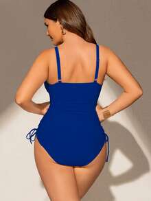 SHEIN Swim Curve 加大码女式连体泳衣，采用独特面料，深 V 领，可调节肩带，可拆卸胸垫，荷叶边下摆，抽绳腰带，时尚性感休闲海滩度假泳装 - 藍色 - 查看 3