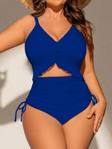 SHEIN Swim Curve 加大码女式连体泳衣，采用独特面料，深 V 领，可调节肩带，可拆卸胸垫，荷叶边下摆，抽绳腰带，时尚性感休闲海滩度假泳装 - 藍色 - 查看 5
