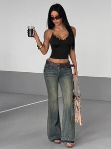 SHEIN Jeanoir Tank Top Wanita Seksi Gaya Amerika Musim Semi/Gugur, Model V-Neck Halter Neck dengan Desain Lubang Logam, Potongan Ramping, dan Menawan - Hitam - View 3