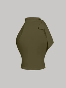 SHEIN MOD Stand Collar Bowknot Gather Olive Tank Top - Army Green - View 2
