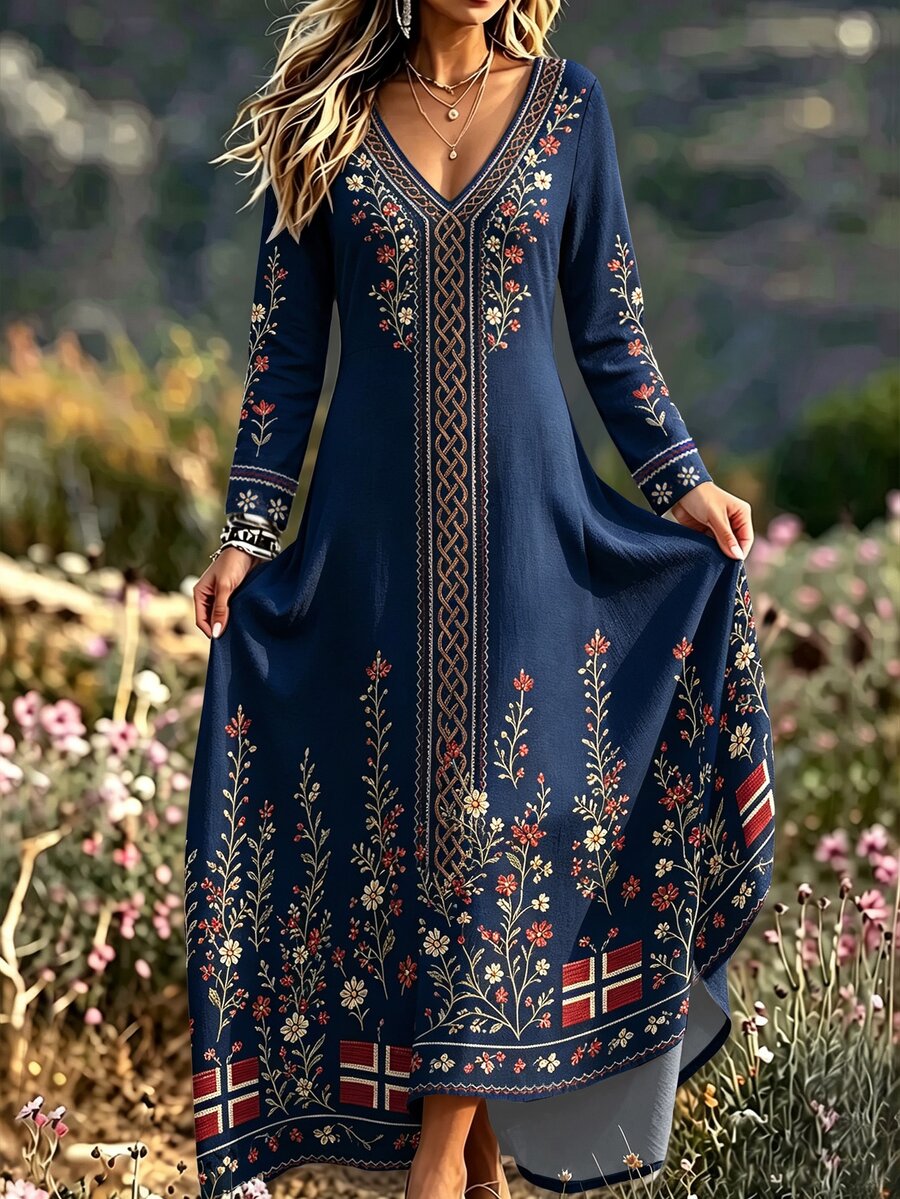 Selamara Women's Floral Pattern V-Neck Long Sleeve Elegant Dress - Multicolor - View 1