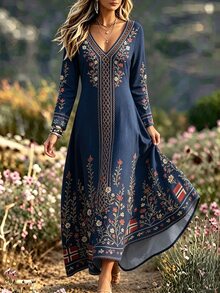 Selamara Women's Floral Pattern V-Neck Long Sleeve Elegant Dress - Multicolor - View 3