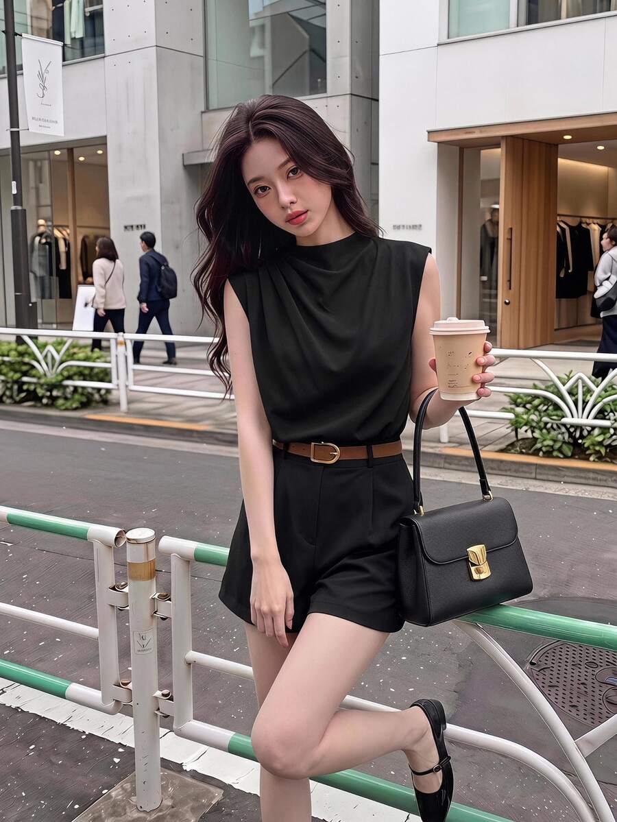 SHEIN MOD HIGH NECK SOLID POCKET JUMPSUIT WITH BELT Black - Black - View 1