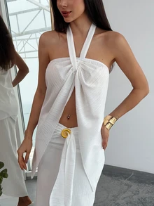Aloruh New Textured Halter Neck Tie Camisole And Wrap Skirt Two Pieces Set, Bohemian Style For Daily Wear Beach Club Outfits Women - White - View 4