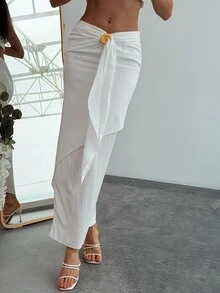 Aloruh New Textured Halter Neck Tie Camisole And Wrap Skirt Two Pieces Set, Bohemian Style For Daily Wear Beach Club Outfits Women - White - View 6