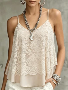SHEIN LUNE CURVE Women's Plus Size Spring/Summer Casual Vacation Lace Double Layer Ruffle A-Line Camisole Tank Top, Suitable For Daily Vacation Wear - Apricot - View 6