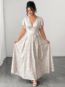 SHEIN LUNE CURVE 女款大尺碼蕾絲印花收腰寬鬆優雅休閒日常正式度假浪漫聚會約會婚禮派對洋裝，粉色夏季 - 彩色 - 查看 7