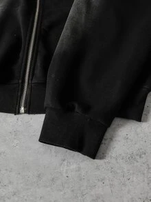 ROMWE MEN Áo nỉ hoodie nam khóa kéo in chữ và hoa họa tiết wash - màu đen - Xem 6