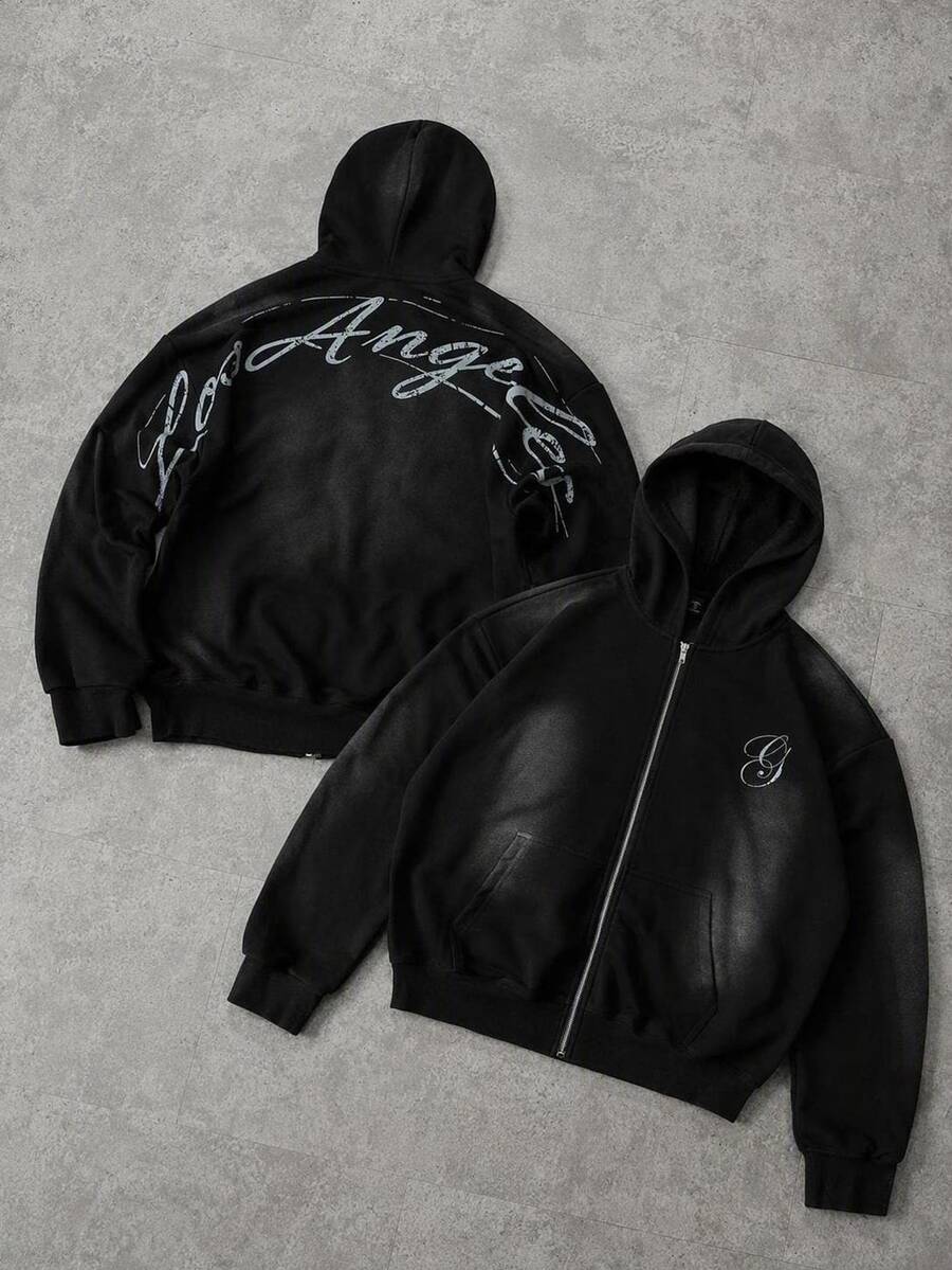 ROMWE MEN Áo nỉ hoodie nam khóa kéo in chữ và hoa họa tiết wash - màu đen - Xem 1