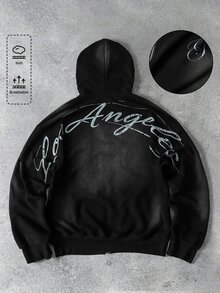 ROMWE MEN Áo nỉ hoodie nam khóa kéo in chữ và hoa họa tiết wash - màu đen - Xem 2