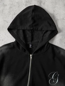 ROMWE MEN Áo nỉ hoodie nam khóa kéo in chữ và hoa họa tiết wash - màu đen - Xem 5