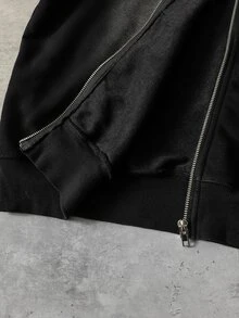 ROMWE MEN Áo nỉ hoodie nam khóa kéo in chữ và hoa họa tiết wash - màu đen - Xem 8