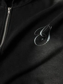 ROMWE MEN Áo nỉ hoodie nam khóa kéo in chữ và hoa họa tiết wash - màu đen - Xem 7