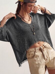 Bohemela 女款純色流蘇設計休閒頹廢風街頭穿搭百搭日常長袖針織衫深灰色秋季 - 灰色 - 查看 2