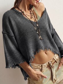 Bohemela 女款純色流蘇設計休閒頹廢風街頭穿搭百搭日常長袖針織衫深灰色秋季 - 灰色 - 查看 11