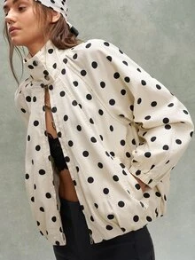 Bohemela Casual Woven Polka Dot Pattern Loose Fit Women's Jacket - Brown - View 4