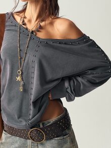 Bohemela Sudadera holgada de mujer con cuello en V de punto de unicolor, remaches y mangas largas, estilo informal bohemio para otoño/invierno - Negro - Ver 1