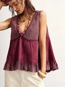 Bohemela Women's Casual Solid Color V-Neck Sleeveless Knit Tank Top - Red - View 3