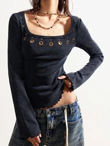 Bohemela Women's Casual Solid Color Knit Square Neck Flare Sleeve T-Shirt - Black - View 4