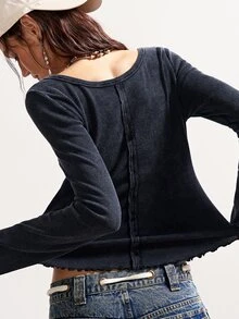 Bohemela Women's Casual Solid Color Knit Square Neck Flare Sleeve T-Shirt - Black - View 11