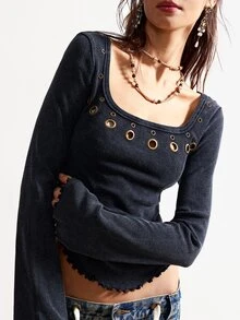 Bohemela Women's Casual Solid Color Knit Square Neck Flare Sleeve T-Shirt - Black - View 5