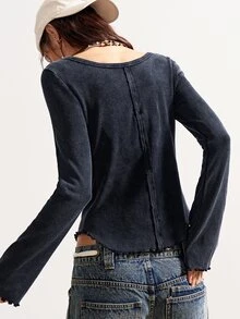 Bohemela Women's Casual Solid Color Knit Square Neck Flare Sleeve T-Shirt - Black - View 10