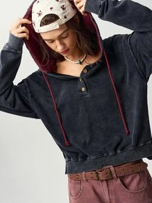 Bohemela Casual Streetwear Solid Color Knitted Hooded Collar Long Sleeve Loose Fit Women's Sweatshirt School Dark Grey Autumn - Black - View 5