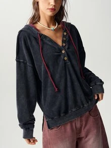 Bohemela Casual Streetwear Solid Color Knitted Hooded Collar Long Sleeve Loose Fit Women's Sweatshirt School Dark Grey Autumn - Black - View 4
